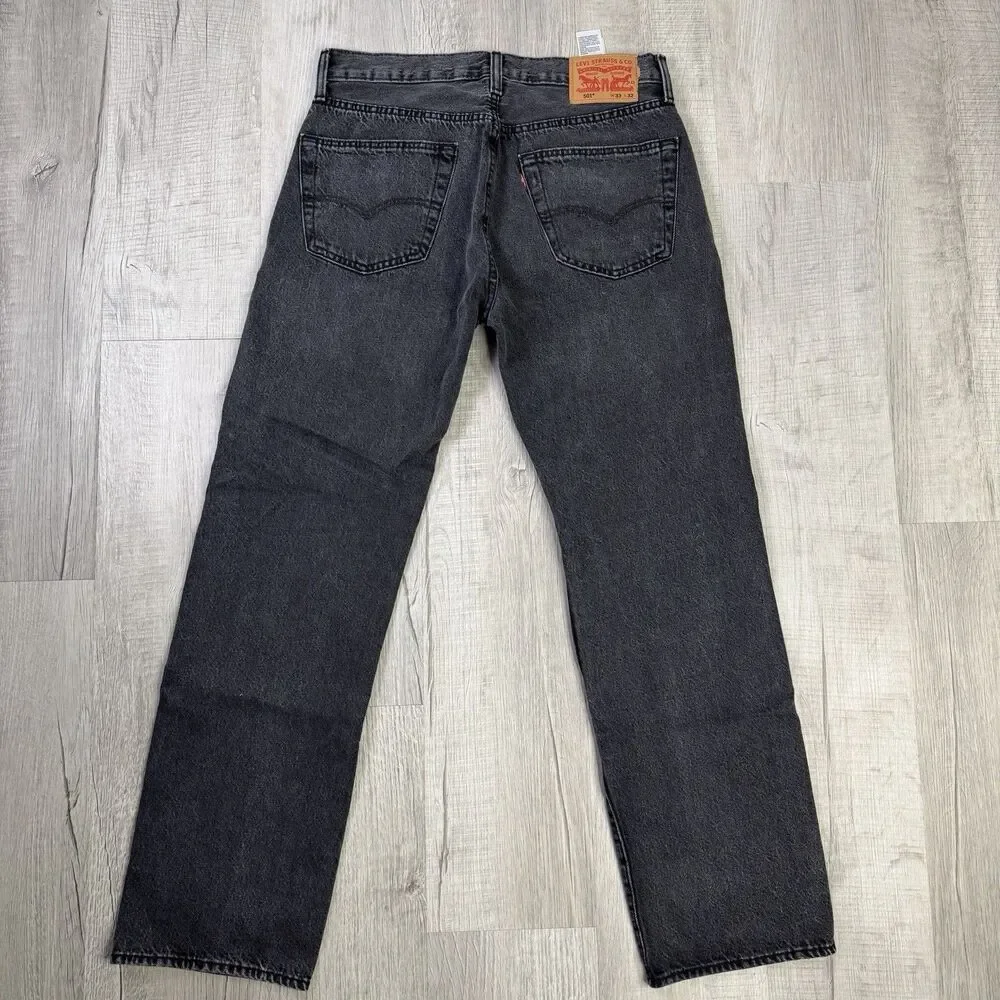 Levis Jeans Mens 33x32 Black 501 Straight Button Fly Western Distressed Denim N - Picture 11 of 13